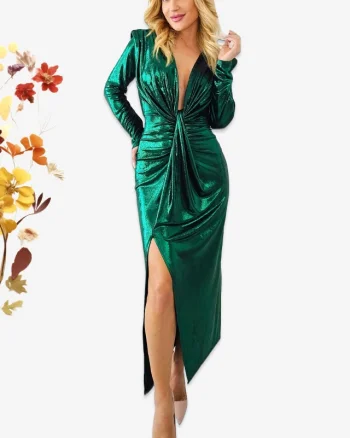 Rochie de ocazie Julietta, cu falduri si crapatura pe picior, Verde Metalizat, Marime S/M