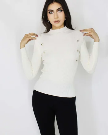 Bluza tricot Lya, cu guler inalt, striatii si aplicatii metalice, Alb, Marime S/M