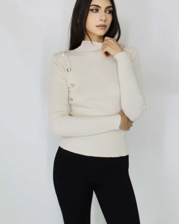 Bluza tricot Lya, cu guler inalt, striatii si aplicatii metalice, Crem, Marime S/M