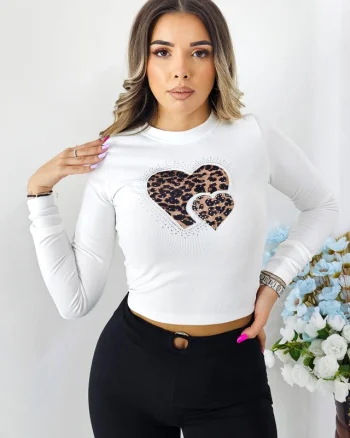 Top scurt Woven, cu bumbac si logo animal print, Alb Miraj