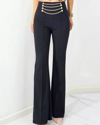 Pantaloni eleganti MEZON, cu fronseuri elastice si lanturi decorative, Negru