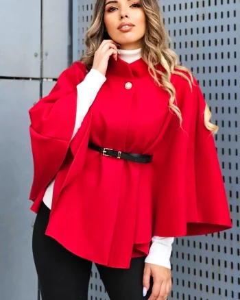 Palton dama tip capă Amalia, cu guler tunica si curea, Rosu