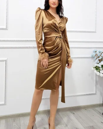 Rochie satinata Marinea, cu crapatura pe picior, maneci bufante si mansete cu puf, Bronz, Marime S/M