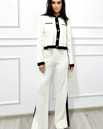 Compleu tetra cu lana Thalos, bluza si pantaloni lejeri, Alb, Marime S/M