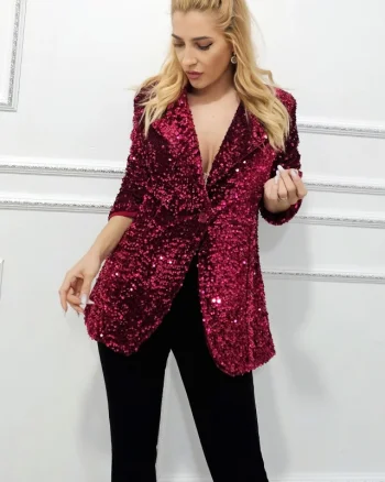Sacou elegant de dama Hermina, cu paiete si prindere in nasture, Rosu, Marime S/M