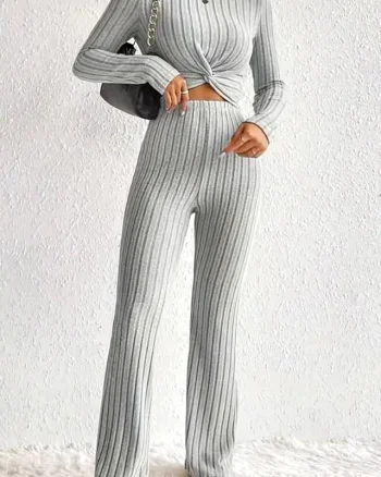 Compleu casual cu aspect impletit Wayana, bluza cu maneca lunga si pantaloni strech, Gri