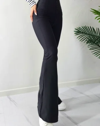 Pantaloni evazati cu talie inalta, corset HAW, inchidere metalica, Negru
