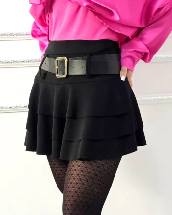 Fusta pantaloni Barista Babydoll, cu falduri suprapuse si curea piele eco, Negru, Marime S/M