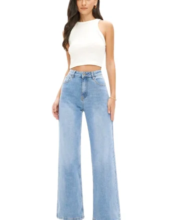 Blugi de dama Winston, croiala wide leg cu aspect prespalat, Albastru zapada