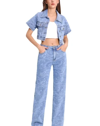 Blugi de dama Phoenix Wave, croiala relaxed fit, cu imprimeu geometric, Albastru