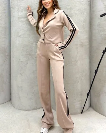 Compleu casual Sporty LINES, bluza cu revere si pantaloni evazati, Bej