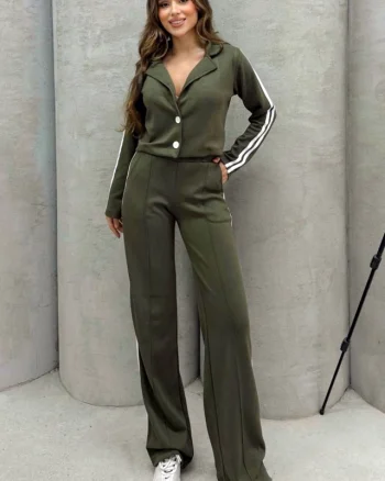 Compleu de dama Sporty LINES, din doua piese cu imprimeu in dungi, Verde inchis