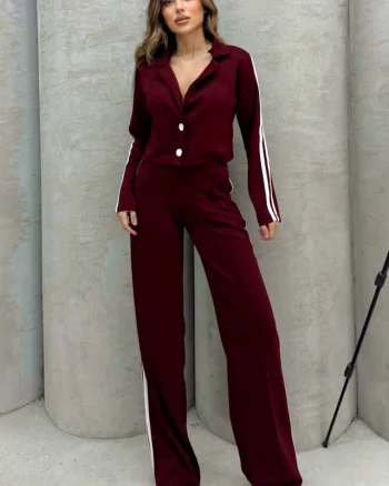 Compleu de dama Sporty LINES, din doua piese cu imprimeu in dungi, Visiniu