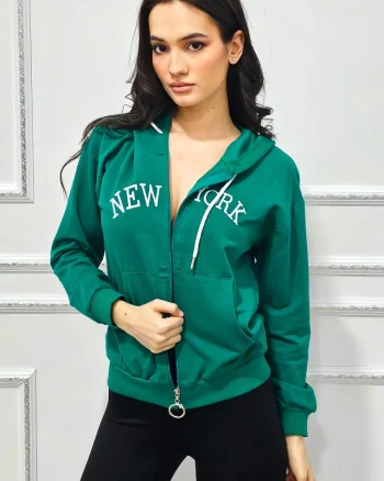 Hanorac dama AMYR in New York, cu bumbac si inchidere fermoar, Verde