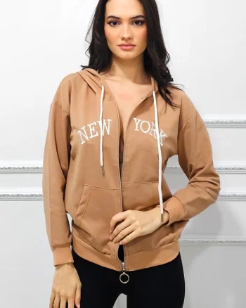 Bluza de trening AMYR in New York, cu bumbac si inchidere fermoar, Bej