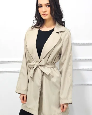 Pardesiu subtire de dama Marlene, cu inchidere tip cordon, Crem