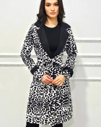 Pardesiu subtire de dama Viviane, inchidere cu nasturi si cordon asortat, Black Leopard