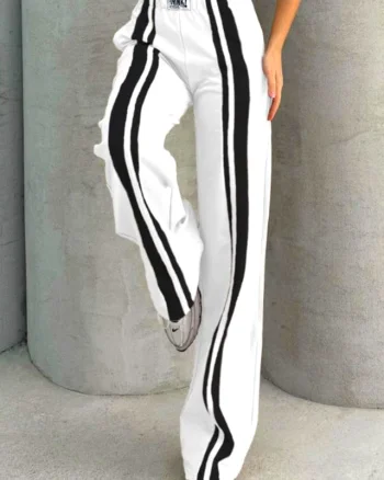 Pantaloni sport ThinK Deep, cu dungi si croi Large evazat, Alb