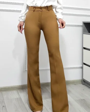 Pantaloni office Katte, croiala slim evazata si talie inalta, Bej Mocha Mousse