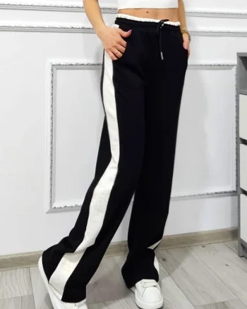 Pantaloni casual animal print ALFA OISO, croiala wide leg si snur in talie, Negru