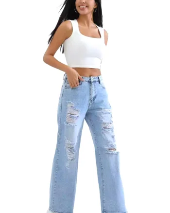 Blugi loose fit Denver, cu perforatii multiple si aspect prespalat, Albastru deschis