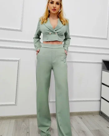 Costum business Elysian, cu sacou scurt si pantaloni wide leg, VerniL, Marime S/M
