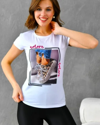 Tricou dama Graphic Story, cu imprimeu realist si paiete stralucitoare, Amore