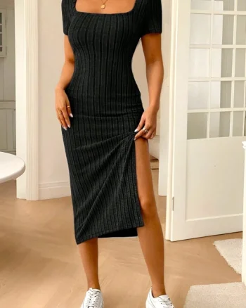 Rochie de zi FeeL tricot ALIZA, cu slit lateral si maneca scurta, Negru