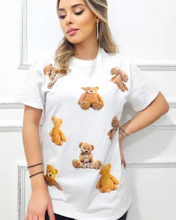 Tricou dama Neo-K, cu imprimeu ursuleti si detalii artizanale, Big Bear, Alb