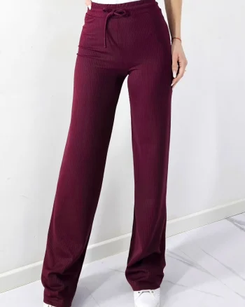 Pantaloni tricot subtire JANG, croiala dreapta wide leg si snur, Visiniu