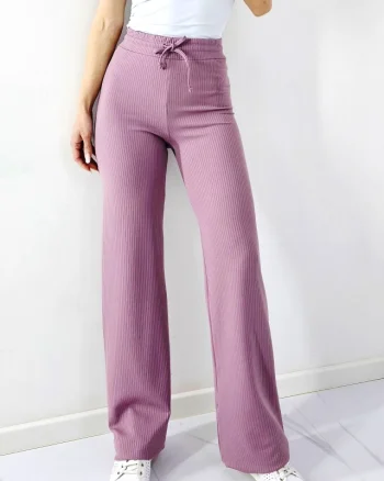 Pantaloni casual JANG, textura cu nervuri si snur in talie, Roz