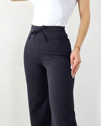 Pantaloni casual JANG, textura cu nervuri si snur in talie, Negru