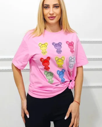 Tricou bumbac AMOO, cu imprimeu multicolor si cristale artizanale, Rainbow Bears, ROZ