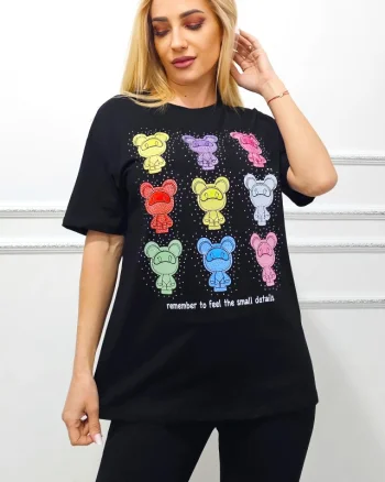 Tricou bumbac AMOO, cu imprimeu multicolor si cristale artizanale, Rainbow Bears, Negru