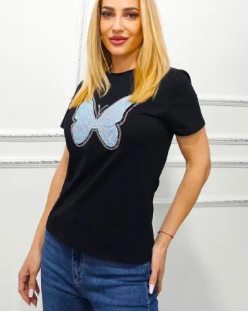 Tricou bumbac AMOO, cu imprimeu in relief si cristale artizanale, Butterfly Negru