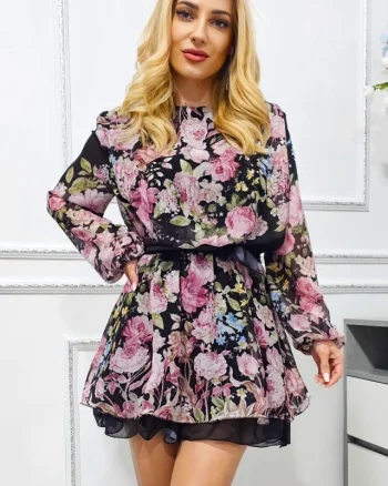 Rochie scurta eleganta StarFlow, cu jupa asimetrica si cordon in talie, Negru floral, Marime universala S/M