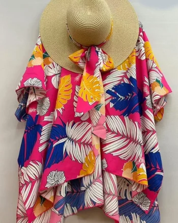 Set de plaja SAMY, pareo scurt si palarie accesorizata cu esarfa, Fucsia Jungle, Marime S/M
