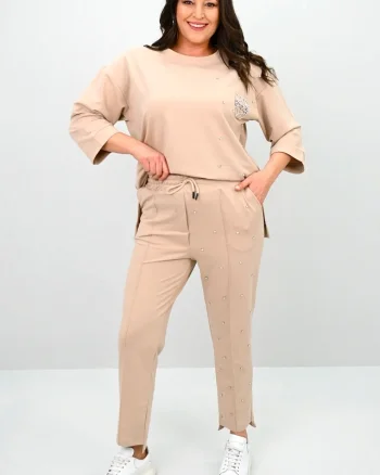 Compleu casual TAYRA, pantaloni asimetrici si bluza cu strasuri, BEJ Nude