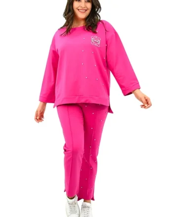 Compleu dama TAYRA, pantaloni conici si bluza cu pietre artizanale, ROZ
