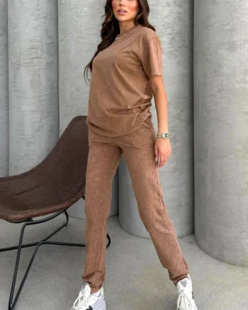 Compleu catifelat RAVEL, cu tricou stilizat si pantaloni cu snur, BEJ