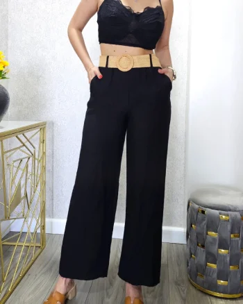Pantaloni casual SAFYA, material vaporos si curea inclusa, Negru, Marime S/M