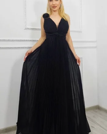 Rochie eveniment AZARIA, cu detaliu floral si croiala empire, Negru
