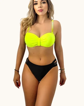 Costum de baie doua piese MONIKA, slip decupat si sutien cu inchidere metalica, Galben/Negru