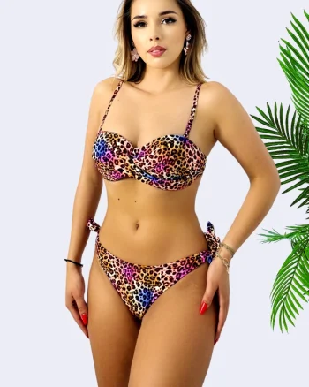 Costum de baie doua piese ZANZA, cu slip reglabil si sutien push up, MOV Leopard