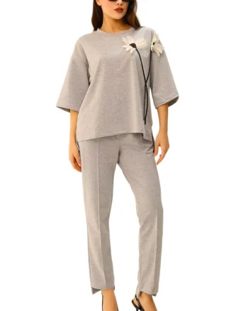 Compleu casual TEXA, pantaloni asimetrici cu tricou si flori in relief, Gri