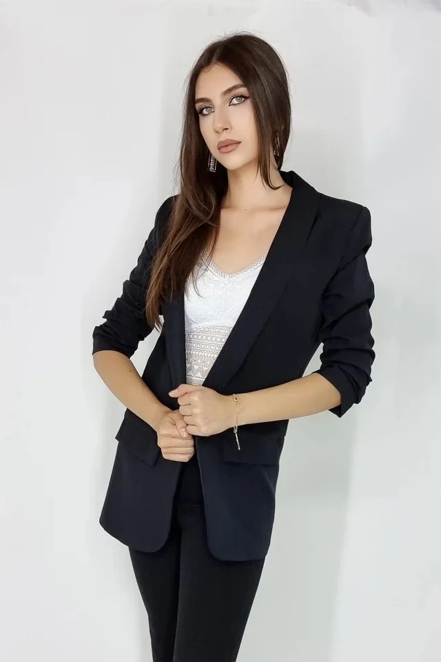 Sacou casual BLUMY, cu lungime medie si clapete, NEGRU, Marime XL/2XL