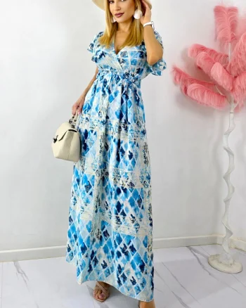 Rochie lunga ISHANI, cu aspect matasos si ciucuri decorativi, Albastru, Marime S/M/L