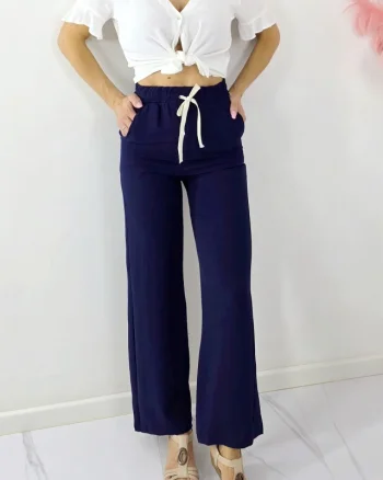 Pantaloni lungi dama, MERON, cu bumbac si banda elastica, Bleumarin