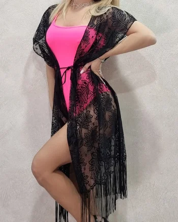 Cardigan de plaja Francesca cu franjuri negru