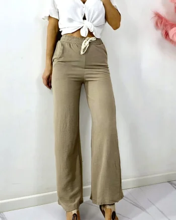 Pantaloni lungi dama, MERON, cu bumbac si banda elastica, BEJ